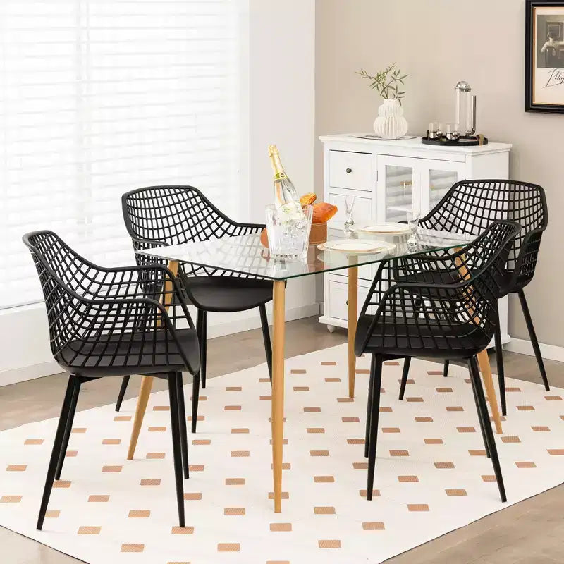 Sedia da pranzo moderna con schienale scavato, bianco/nero, set da 4