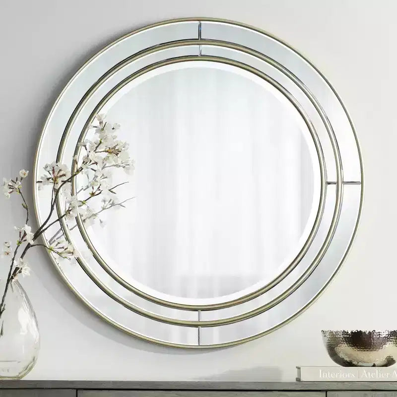 Specchio da parete rotondo, champagne opaco, vetro bisellato, singolo, 31,75"