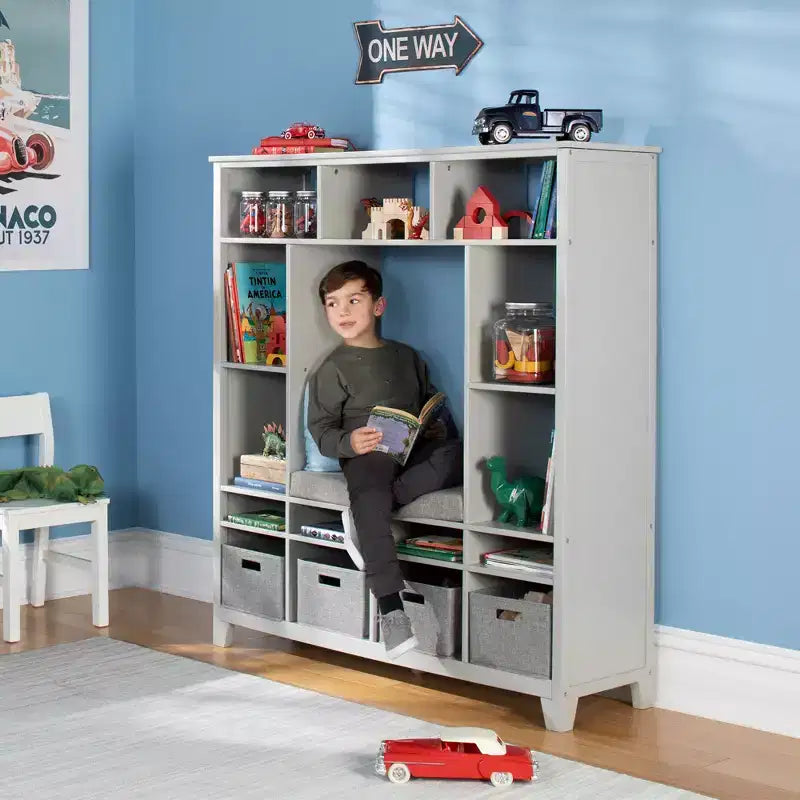 Scaffale portagiochi in legno per bambini con panca e angolo lettura, grigio/bianco lino, 1 bambino