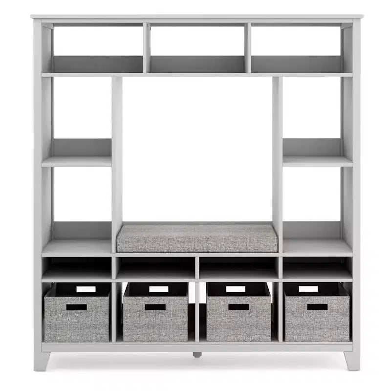 Scaffale portagiochi in legno per bambini con panca e angolo lettura, grigio/bianco lino, 1 bambino