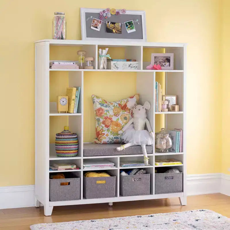 Scaffale portagiochi in legno per bambini con panca e angolo lettura, grigio/bianco lino, 1 bambino