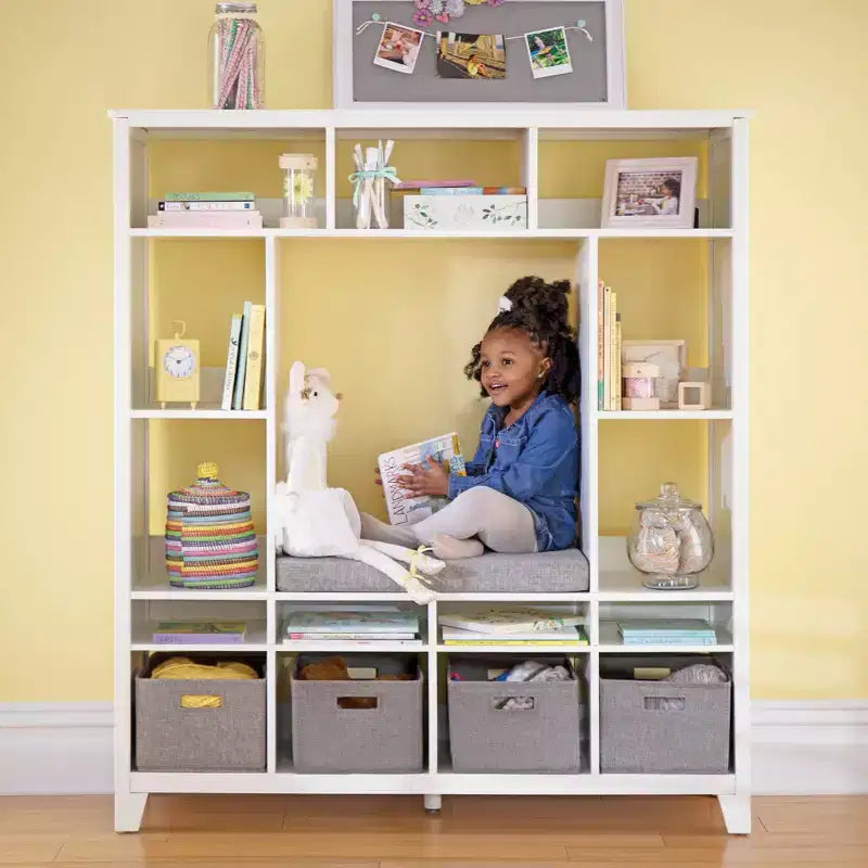 Scaffale portagiochi in legno per bambini con panca e angolo lettura, grigio/bianco lino, 1 bambino