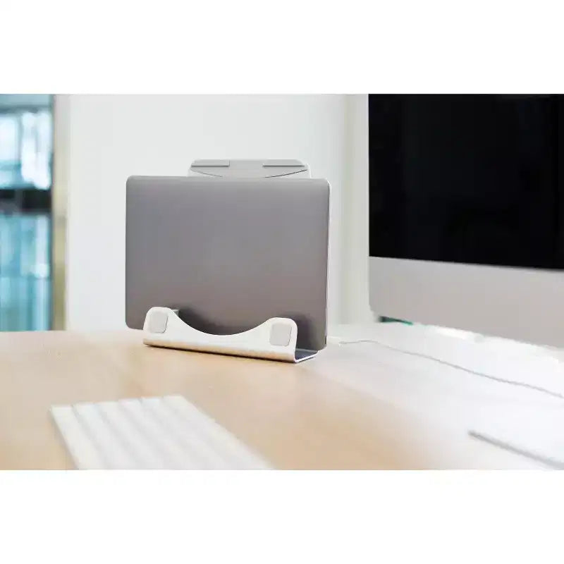 Supporto verticale per laptop in alluminio color argento, stile 2 in 1, per un singolo laptop