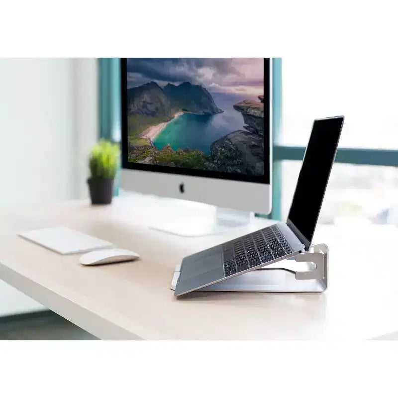 Supporto verticale per laptop in alluminio color argento, stile 2 in 1, per un singolo laptop