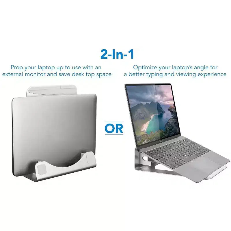 Supporto verticale per laptop in alluminio color argento, stile 2 in 1, per un singolo laptop