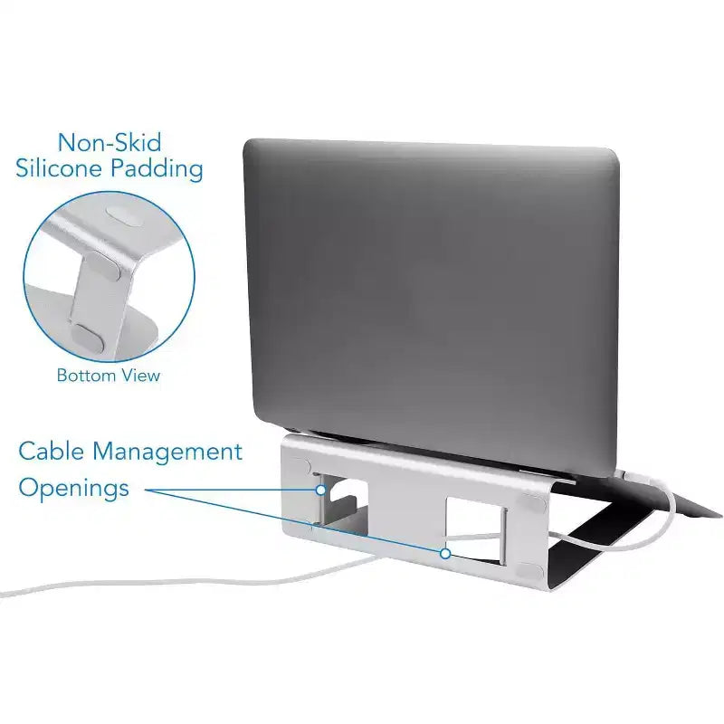 Supporto verticale per laptop in alluminio color argento, stile 2 in 1, per un singolo laptop