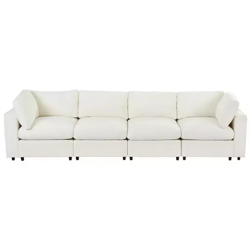 Divano modulare imbottito beige/grigio, 4 posti, con ricarica USB e wireless