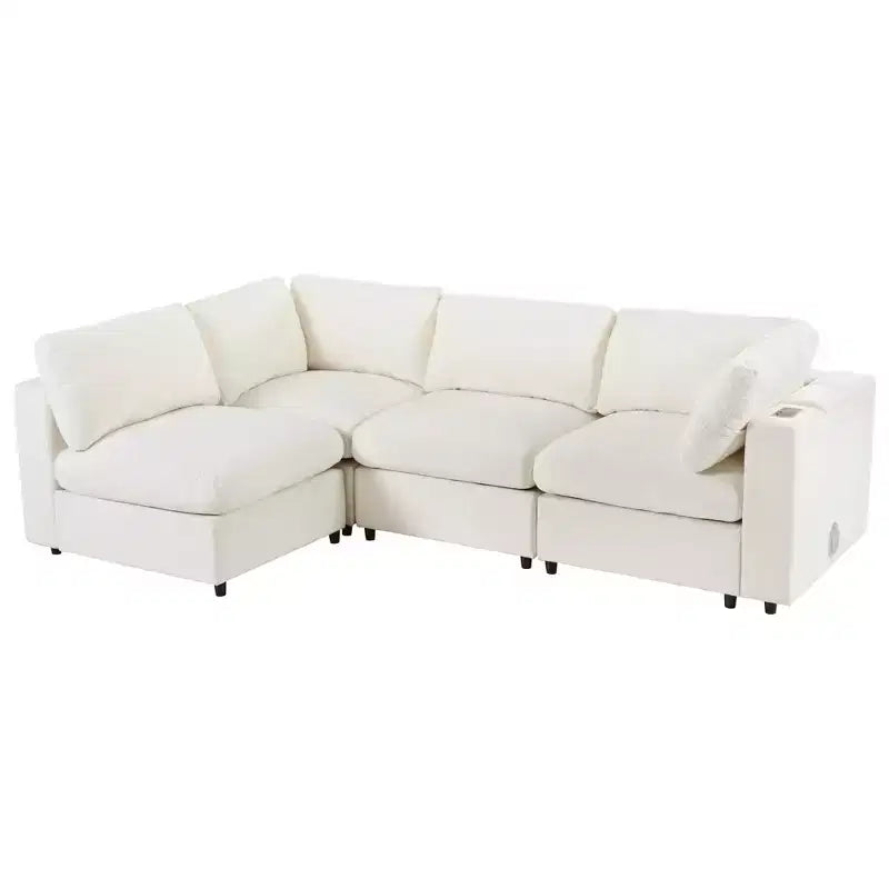 Divano modulare imbottito beige/grigio, 4 posti, con ricarica USB e wireless