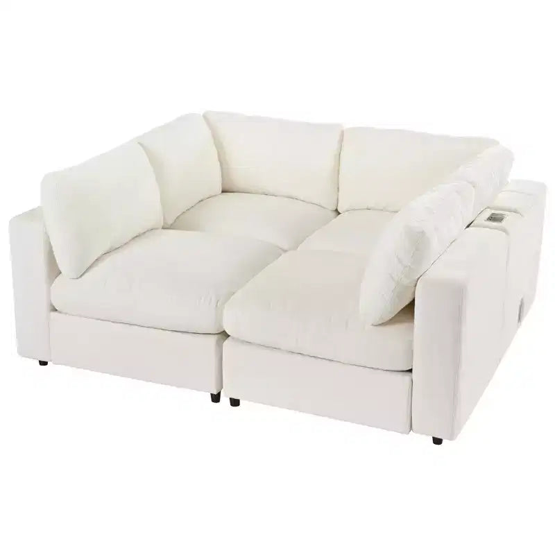 Divano modulare imbottito beige/grigio, 4 posti, con ricarica USB e wireless