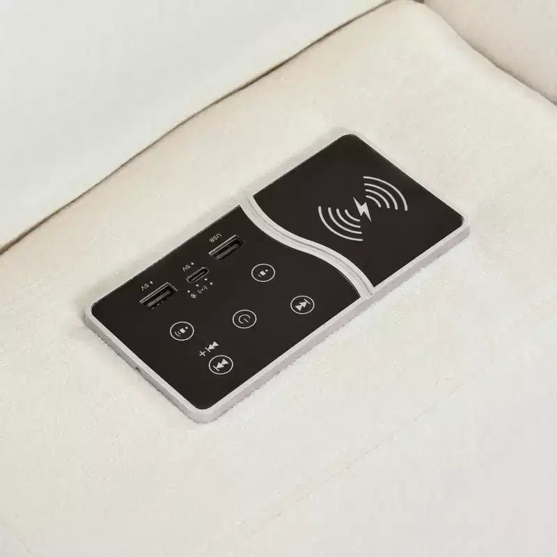 Divano modulare imbottito beige/grigio, 4 posti, con ricarica USB e wireless