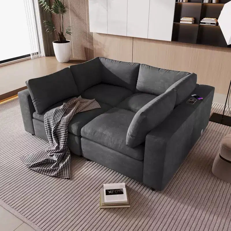 Divano modulare imbottito beige/grigio, 4 posti, con ricarica USB e wireless