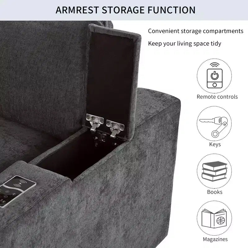 Divano modulare imbottito beige/grigio, 4 posti, con ricarica USB e wireless