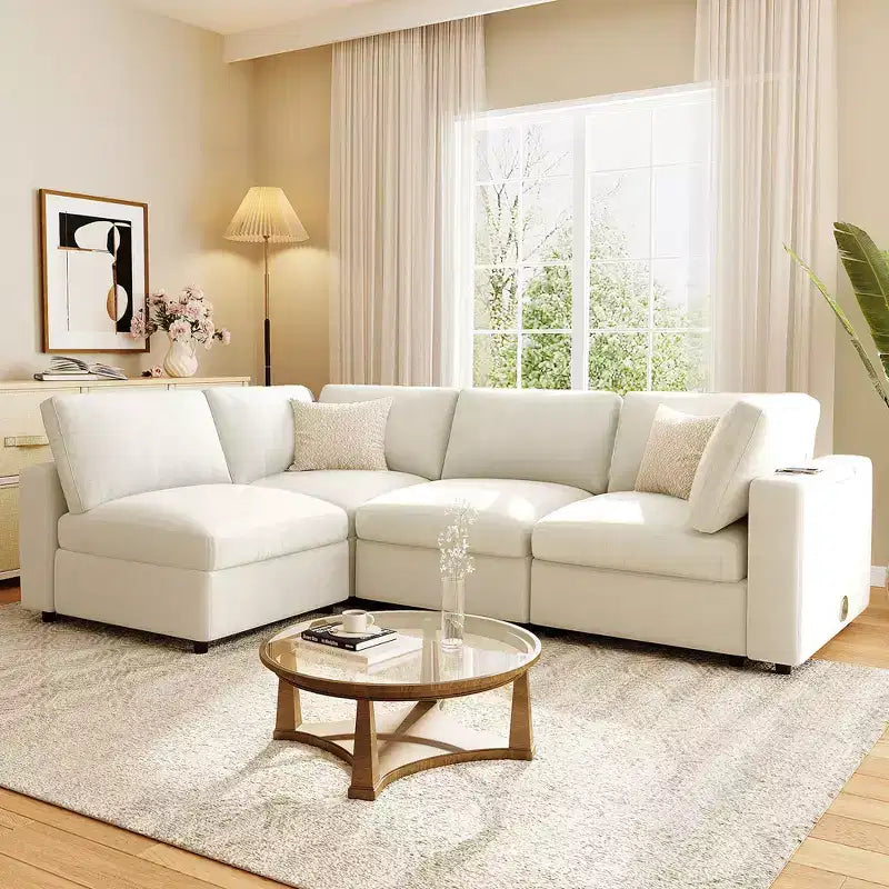 Divano modulare imbottito beige/grigio, 4 posti, con ricarica USB e wireless