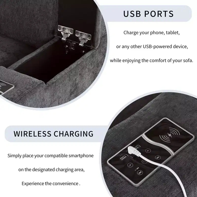 Divano modulare imbottito beige/grigio, 4 posti, con ricarica USB e wireless