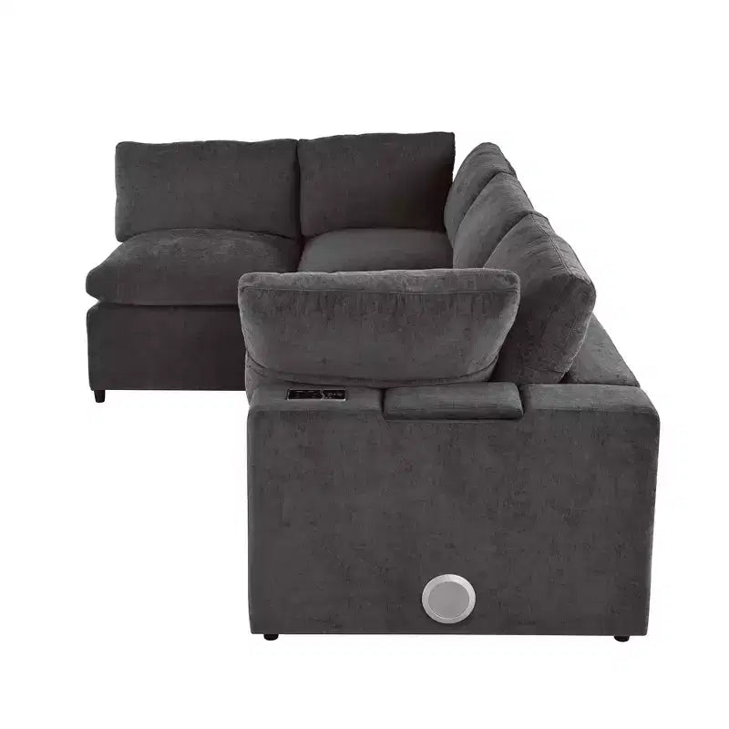 Divano modulare imbottito beige/grigio, 4 posti, con ricarica USB e wireless