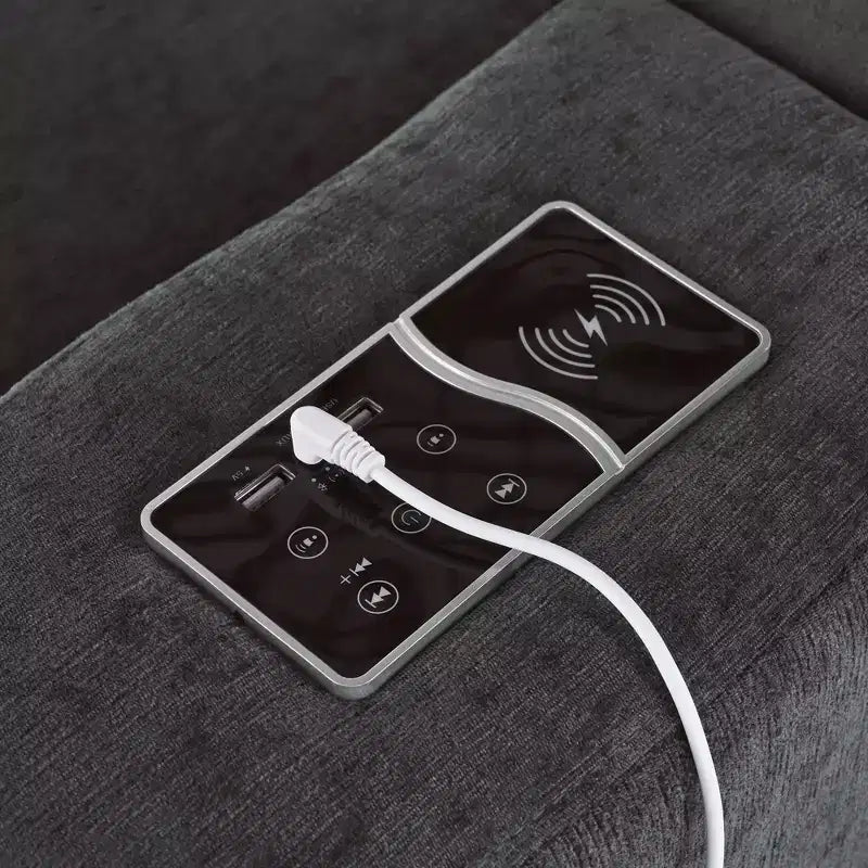 Divano modulare imbottito beige/grigio, 4 posti, con ricarica USB e wireless