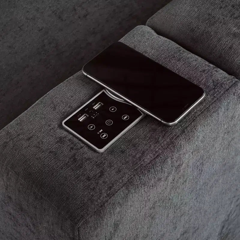Divano modulare imbottito beige/grigio, 4 posti, con ricarica USB e wireless