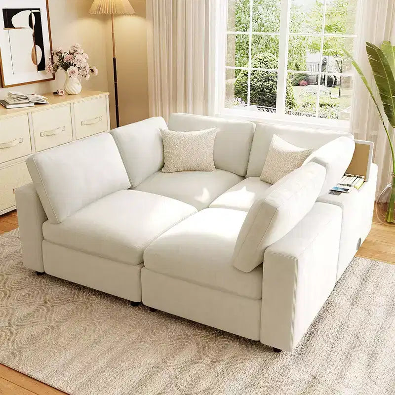 Divano modulare imbottito beige/grigio, 4 posti, con ricarica USB e wireless