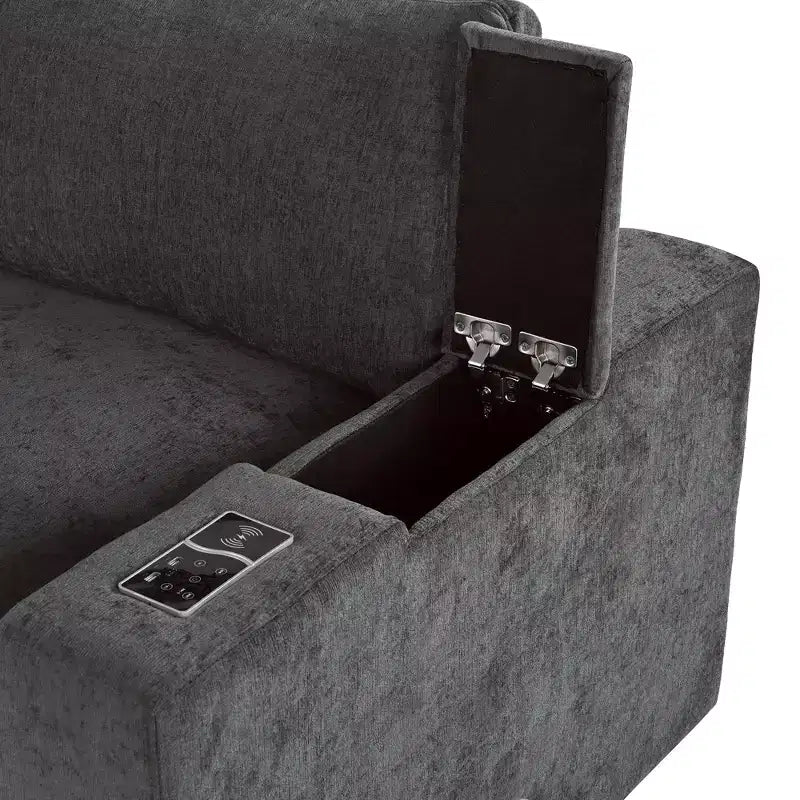 Divano modulare imbottito beige/grigio, 4 posti, con ricarica USB e wireless
