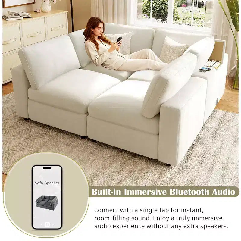 Divano modulare imbottito beige/grigio, 4 posti, con ricarica USB e wireless