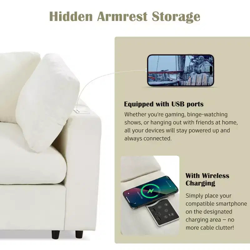 Divano modulare imbottito beige/grigio, 4 posti, con ricarica USB e wireless