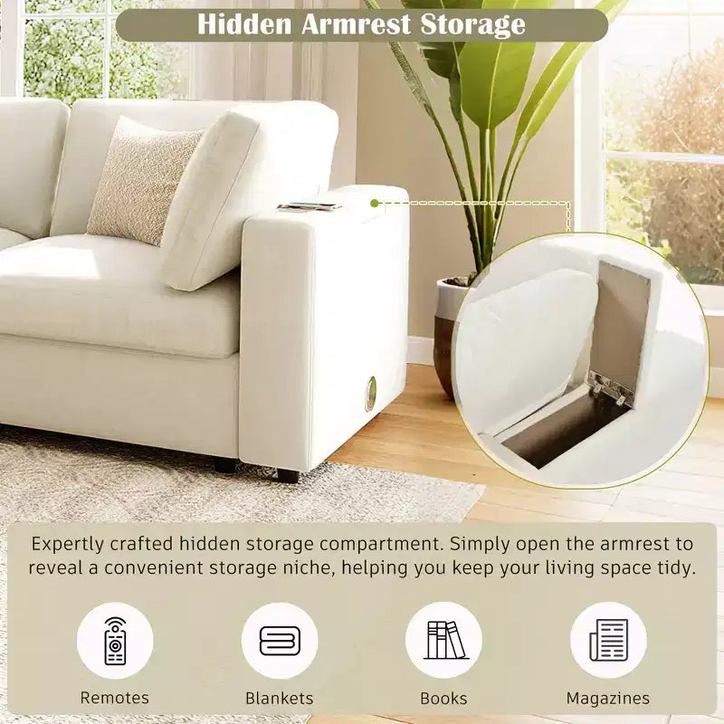 Divano modulare imbottito beige/grigio, 4 posti, con ricarica USB e wireless