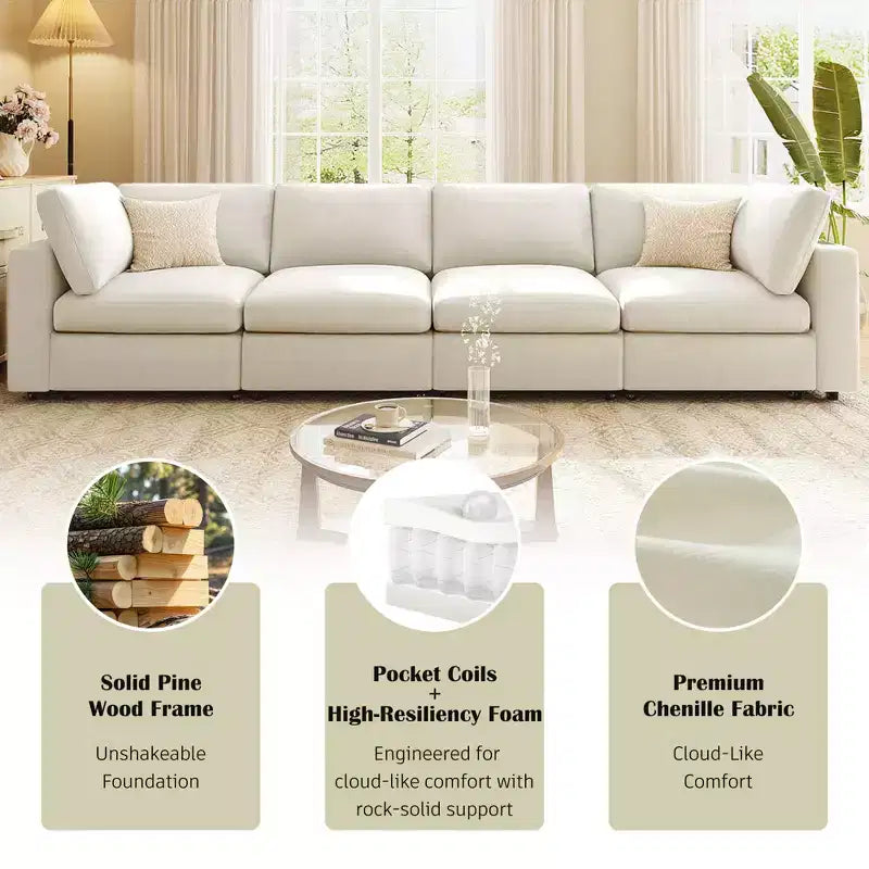 Divano modulare imbottito beige/grigio, 4 posti, con ricarica USB e wireless