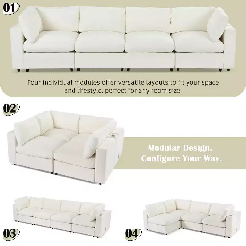 Divano modulare imbottito beige/grigio, 4 posti, con ricarica USB e wireless