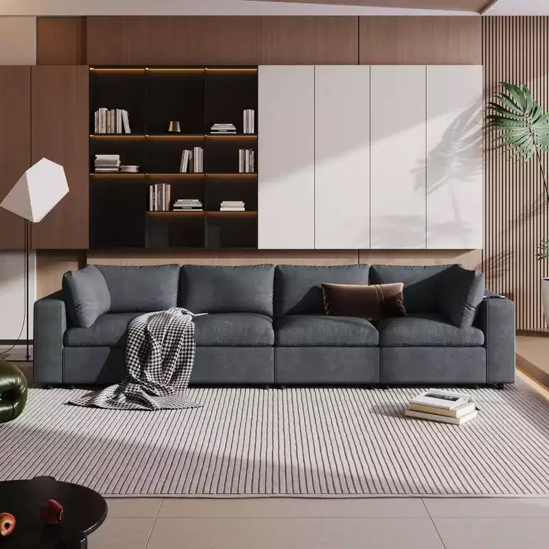 Divano modulare imbottito beige/grigio, 4 posti, con ricarica USB e wireless