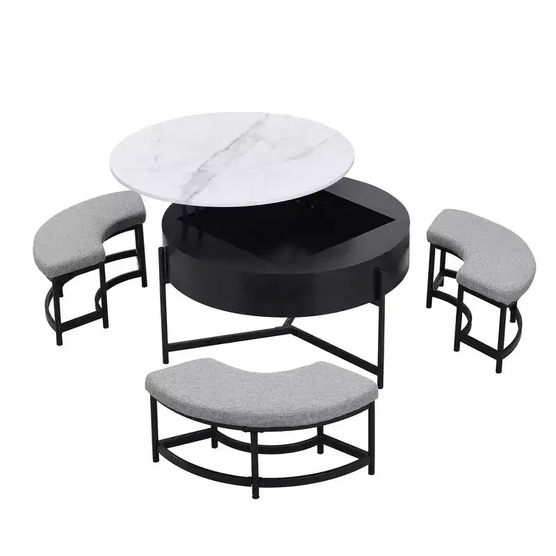 Tavolino da caffè rotondo bianco e nero con ripiano sollevabile, contenitore e 3 pouf, 4 posti a sedere
