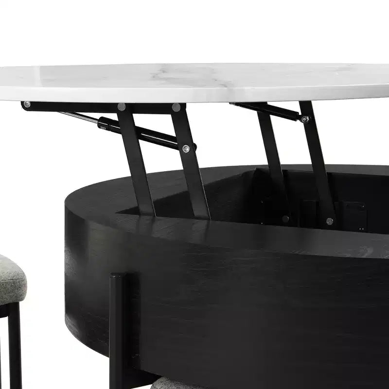Tavolino da caffè rotondo bianco e nero con ripiano sollevabile, contenitore e 3 pouf, 4 posti a sedere