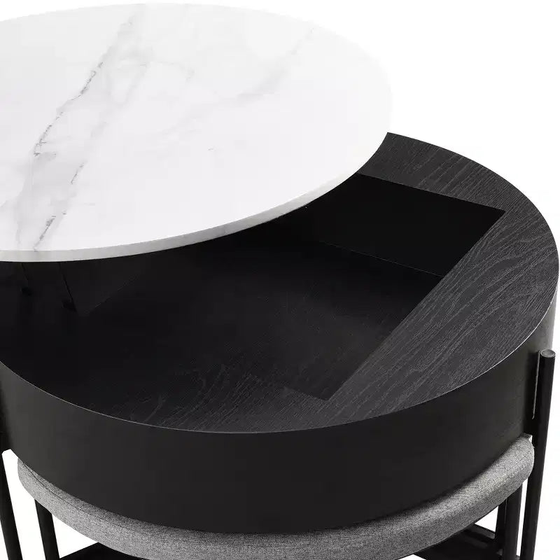 Tavolino da caffè rotondo bianco e nero con ripiano sollevabile, contenitore e 3 pouf, 4 posti a sedere