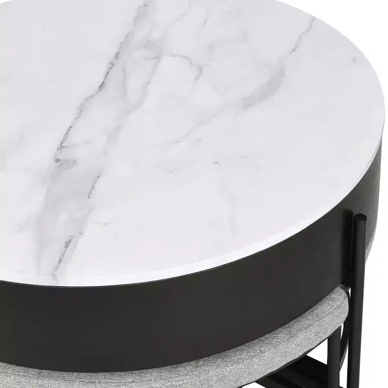 Tavolino da caffè rotondo bianco e nero con ripiano sollevabile, contenitore e 3 pouf, 4 posti a sedere