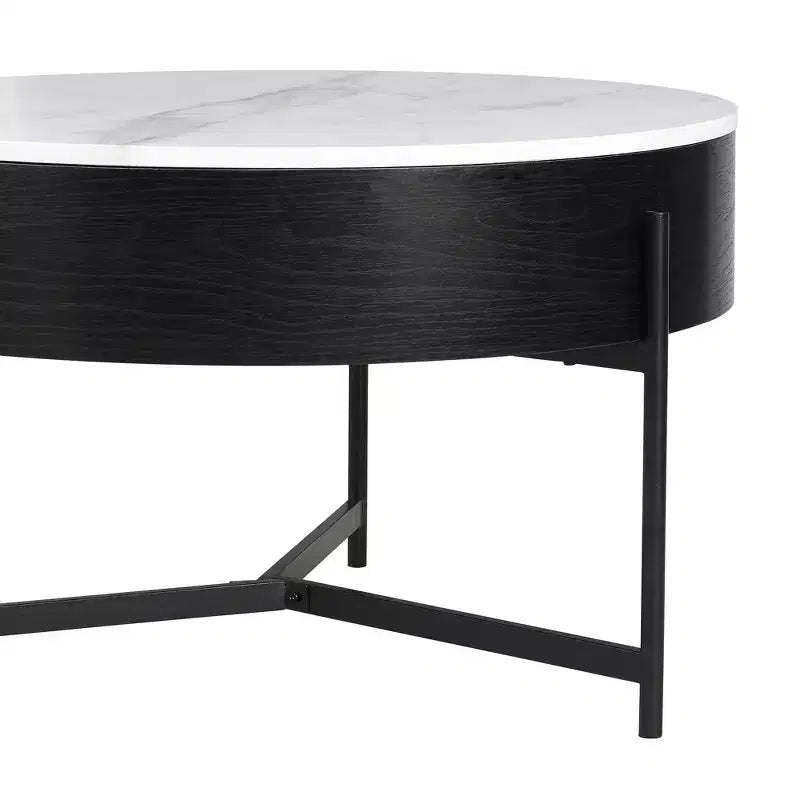 Tavolino da caffè rotondo bianco e nero con ripiano sollevabile, contenitore e 3 pouf, 4 posti a sedere