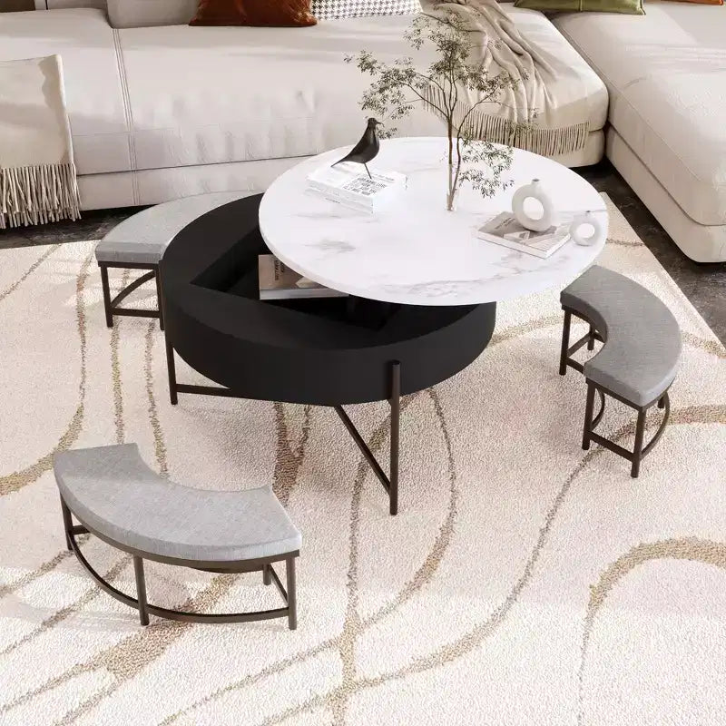 Tavolino da caffè rotondo bianco e nero con ripiano sollevabile, contenitore e 3 pouf, 4 posti a sedere