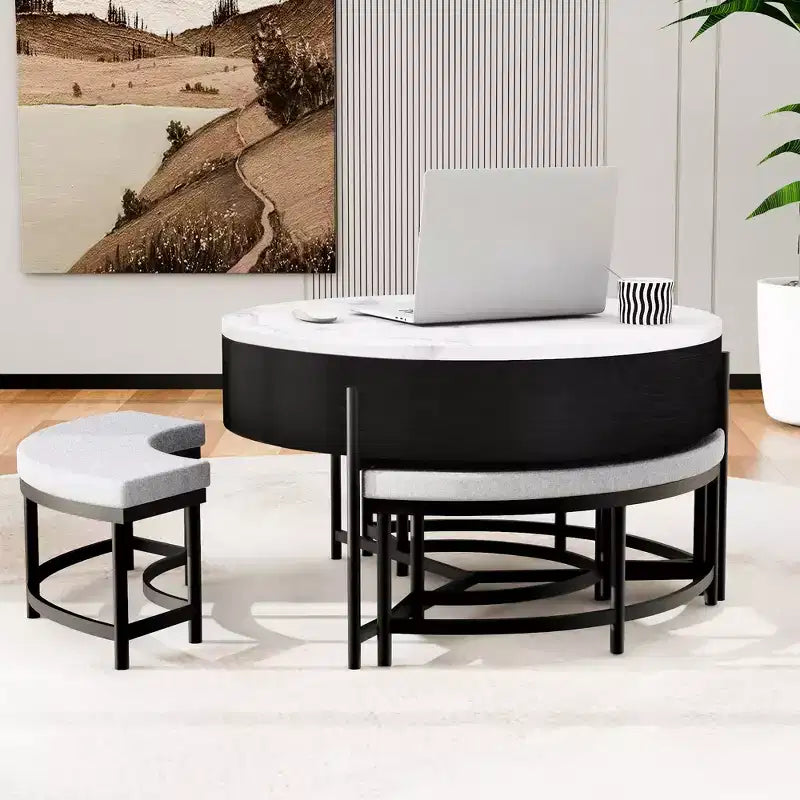 Tavolino da caffè rotondo bianco e nero con ripiano sollevabile, contenitore e 3 pouf, 4 posti a sedere