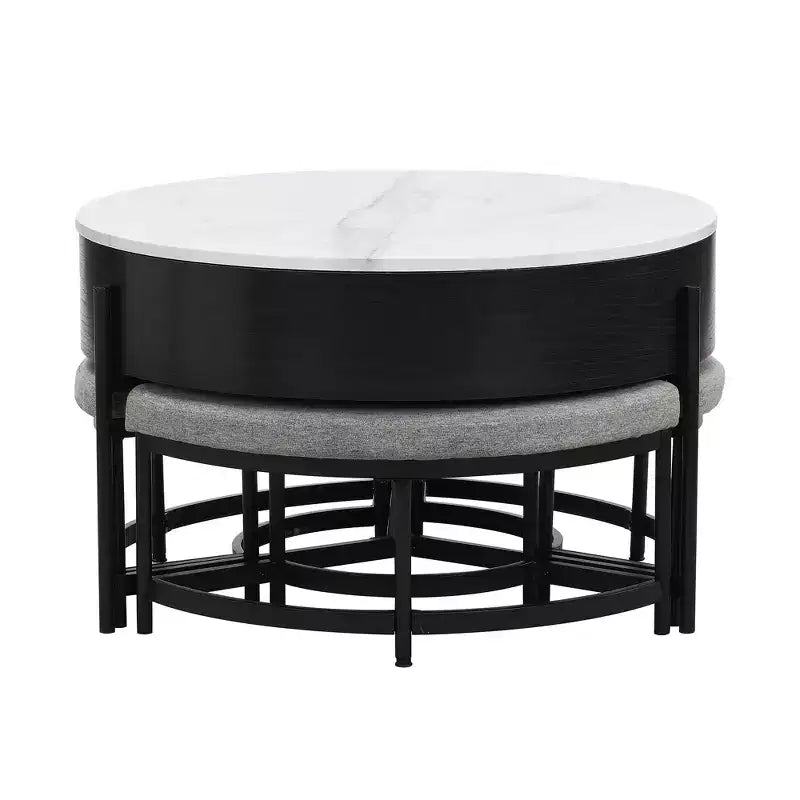 Tavolino da caffè rotondo bianco e nero con ripiano sollevabile, contenitore e 3 pouf, 4 posti a sedere