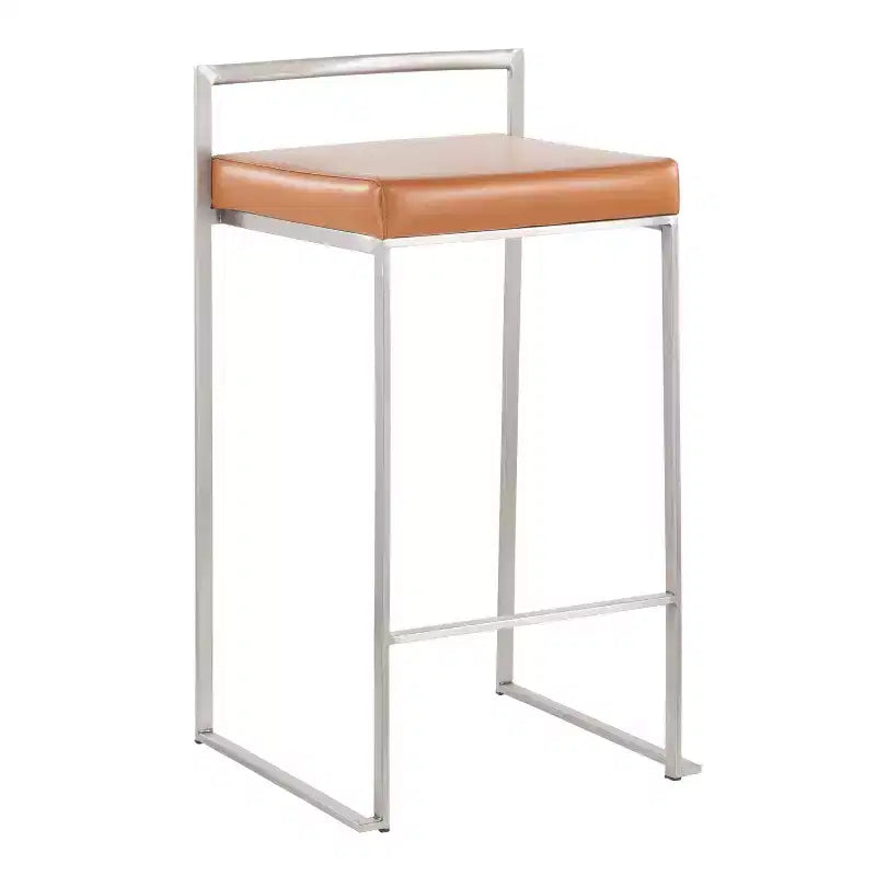 Sgabelli impilabili altezza bancone, finta pelle e acciaio, set da 2 – Cammello / Oro / Bianco