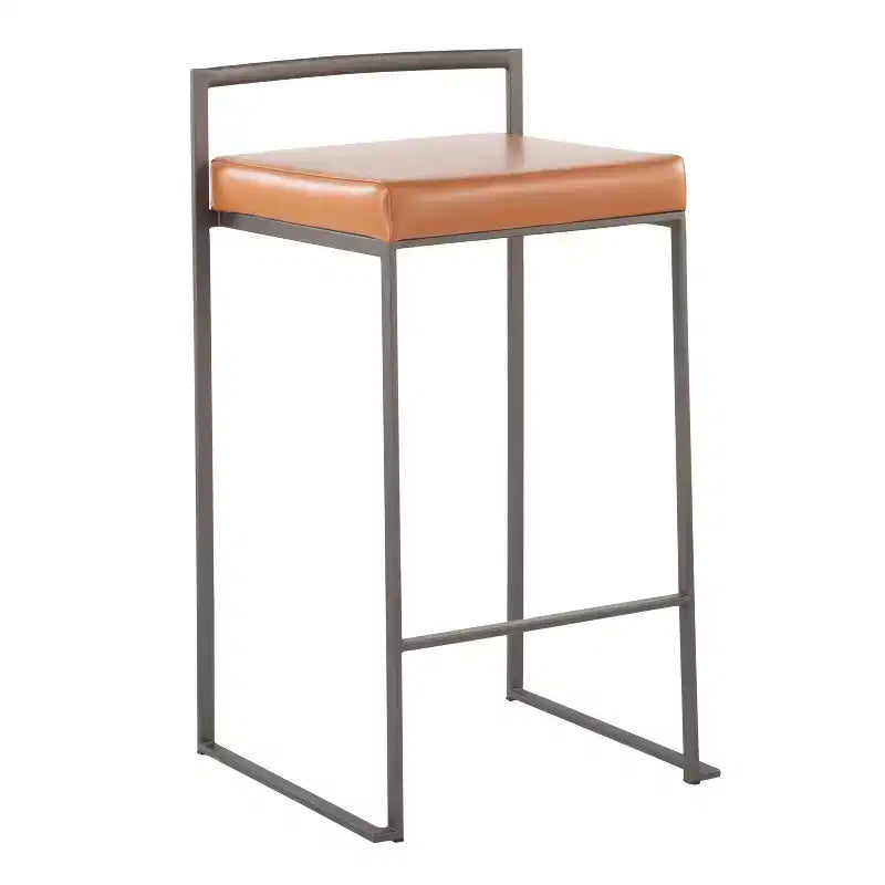 Sgabelli impilabili altezza bancone, finta pelle e acciaio, set da 2 – Cammello / Oro / Bianco