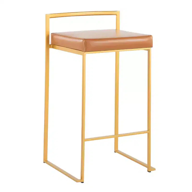 Sgabelli impilabili altezza bancone, finta pelle e acciaio, set da 2 – Cammello / Oro / Bianco