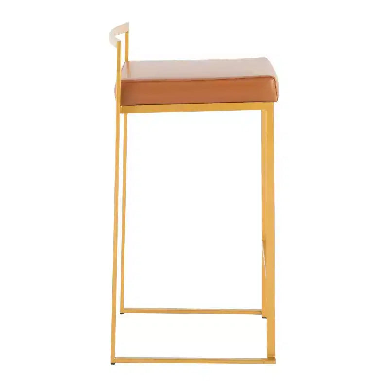 Sgabelli impilabili altezza bancone, finta pelle e acciaio, set da 2 – Cammello / Oro / Bianco