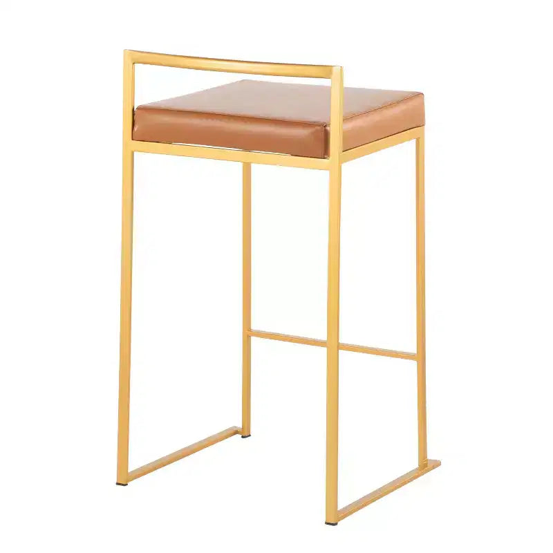 Sgabelli impilabili altezza bancone, finta pelle e acciaio, set da 2 – Cammello / Oro / Bianco