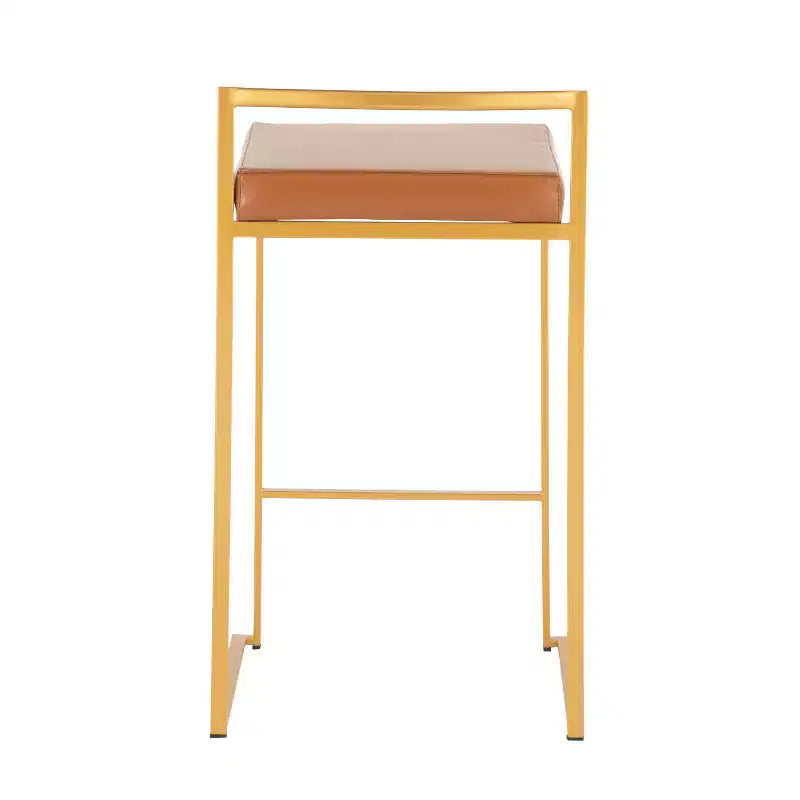 Sgabelli impilabili altezza bancone, finta pelle e acciaio, set da 2 – Cammello / Oro / Bianco