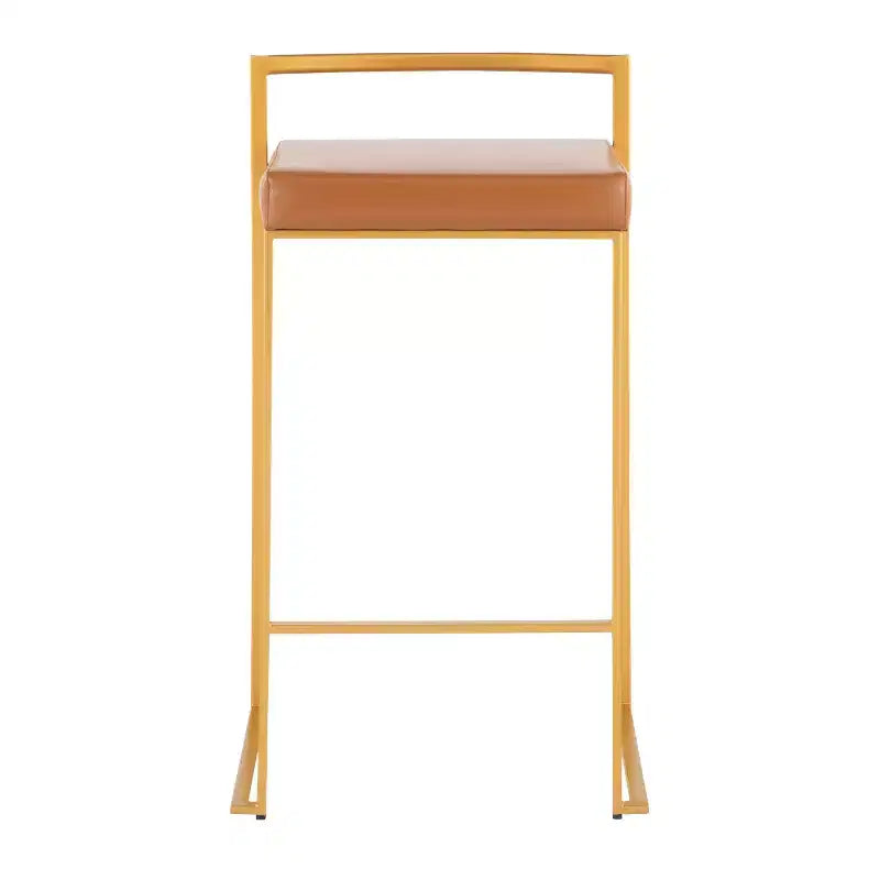 Sgabelli impilabili altezza bancone, finta pelle e acciaio, set da 2 – Cammello / Oro / Bianco