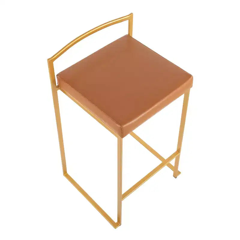 Sgabelli impilabili altezza bancone, finta pelle e acciaio, set da 2 – Cammello / Oro / Bianco