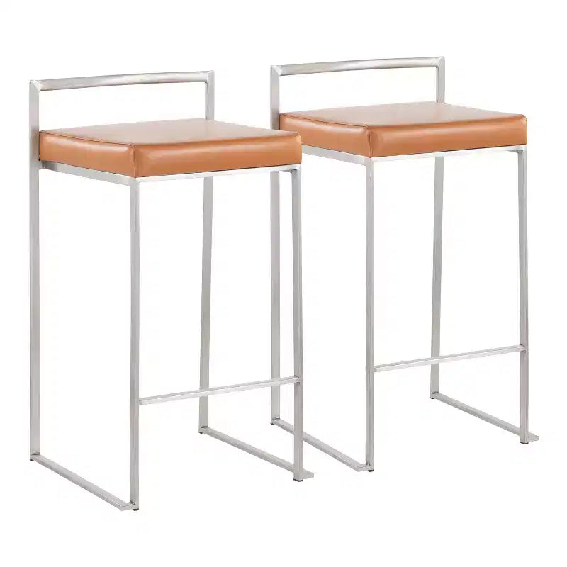 Sgabelli impilabili altezza bancone, finta pelle e acciaio, set da 2 – Cammello / Oro / Bianco