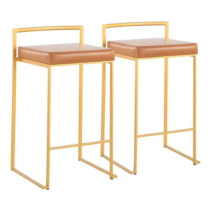 Sgabelli impilabili altezza bancone, finta pelle e acciaio, set da 2 – Cammello / Oro / Bianco