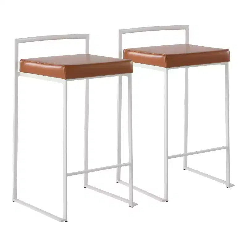 Sgabelli impilabili altezza bancone, finta pelle e acciaio, set da 2 – Cammello / Oro / Bianco