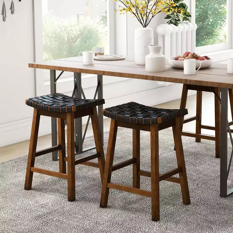 Sgabelli da Bar Sella Beige/Nero Set da 2, Sgabello da Bancone in Pelle PU Intrecciata