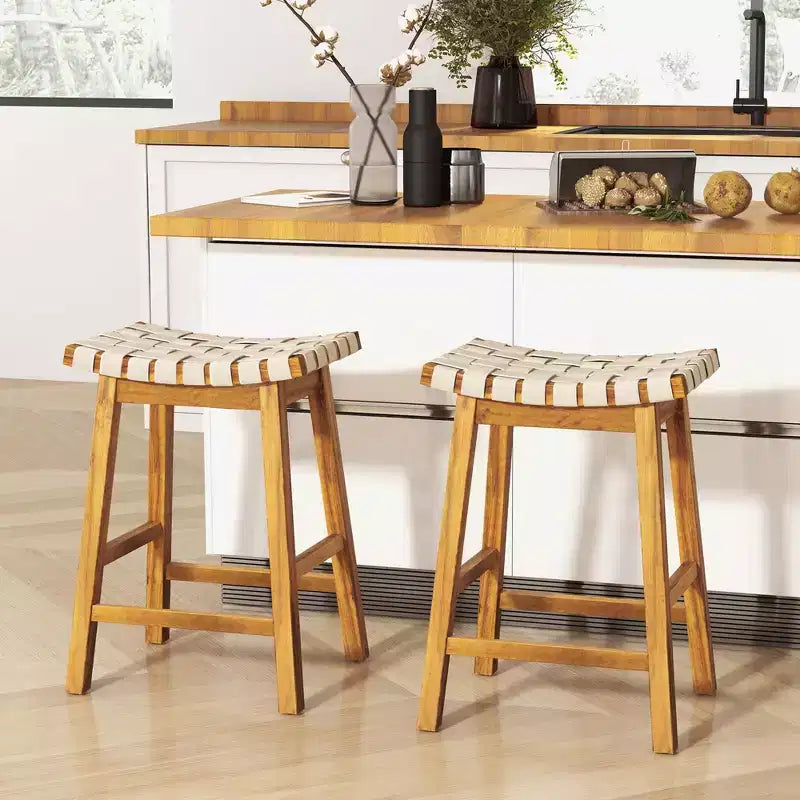 Sgabelli da Bar Sella Beige/Nero Set da 2, Sgabello da Bancone in Pelle PU Intrecciata